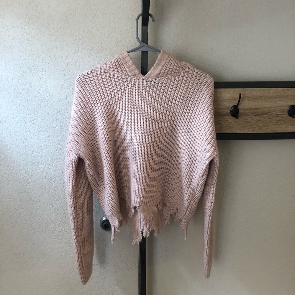 cropped, hooded pink sweater
